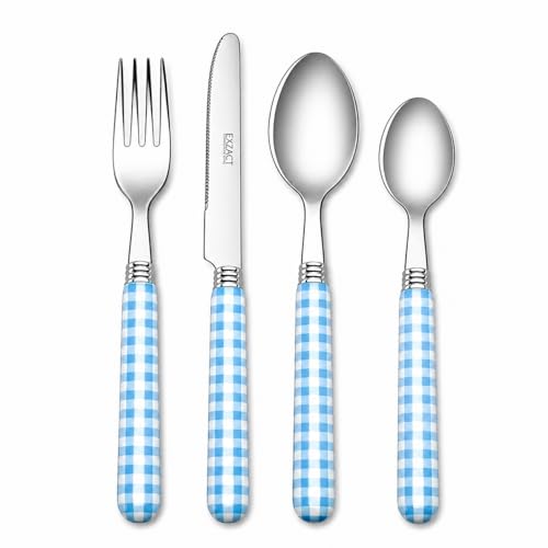 EXZACT Set Posate 24 Pezzi Acciaio Inox con Manici Colorati, Servizio per 6 Persone, Motivo a Quadretti
