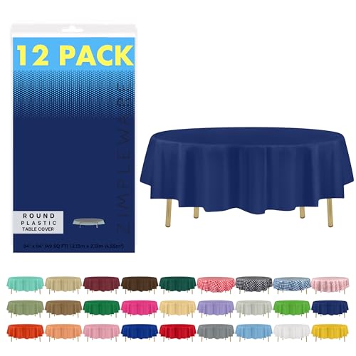 ZIMPLEWARE Lot de 12 nappes Rondes jetables en Plastique Bleu Marine de qualité supérieure (213,4 cm), nappes de fête jetables, Nappe Ronde Parfaite pour...