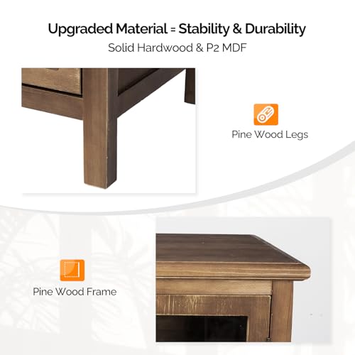 VINGLI Rustic Storage Cabinet with Glass Doors & Drawer, Solid Wood Leg, Walnut Finish Showcase