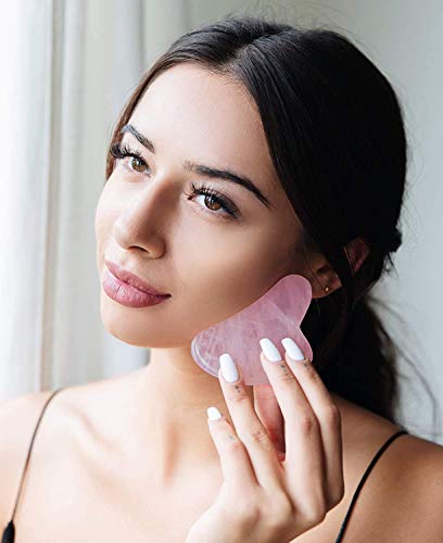Image of Gua Sha Facial Tool made of Rose Quartz Stone for SPA Acupuncture Therapy Trigger Point Treatment for Men and Women Color (Pink)