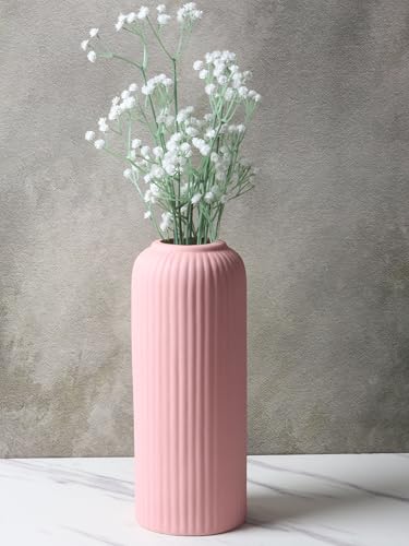 Image of KREATIVE ART'S Modern Ribbed Design Ceramic Flower Vase for Living Room, Flower Pots for Artificial Flower, Home Decoration Item, Home Decor, Vases for Living Room (Pink, Large)
