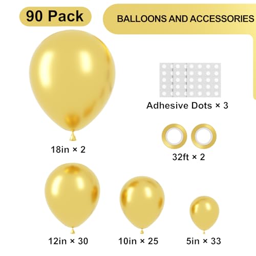 Image of Voircoloria 90pack Metallic Gold Balloons Different Size 18 /12 /10 /5 Inch Chrome Gold Balloon Garland Arch Kit for Wedding, New Year, Birthday, Graduation, Bridal Shower, Baby Shower Decorations
