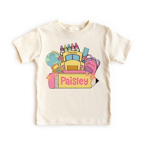 Personalized School Bus Monogram Shirts For Girls - Custom Name Back To School Pencil Outfit - Cute Gift For First Day Of School Kindergarten Preschool Announcement - Natural Toddler & Youth T-Shirt