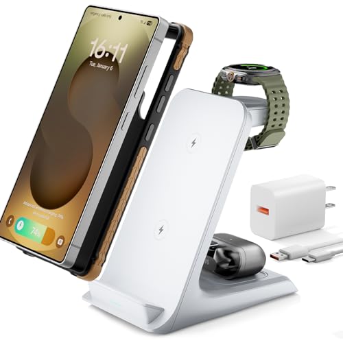 Eddibox 3 in 1 Charging Station for Samsung for Thick Cases of 10MM/Otterbox/Heavy Duty, Wireless Charger for Samsung Galaxy S26 Ultra/S25/S24, Phone Charger Stand for Galaxy Watch and Buds(White)