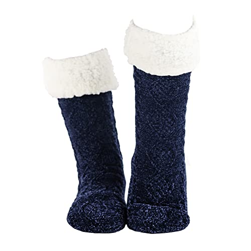 THE COMFY Chaussette - Chaussettes douces et douillettes pour femme avec semelle antidérapante - Extérieur chenille bleu et doublure Sherpa - 100% polyester, bleu, 38/40 EU