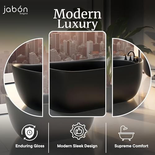 Image of MOON Freestanding Bathtub 150 cm - Black Matt Acrylic Soaking Tub with Hand Shower & Water Mixer, 6-Layer Reinforced Standalone Bath Tub, Premium Matt Finish