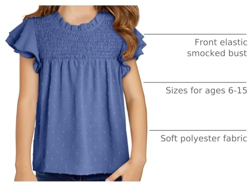 Image of DOKOTOO KIDS Girls Tops Short Sleeve Shirts Summer Blouse Size 6-15 Years | None Elastic Fabric, Ruffle Sleeve, Swiss Polka Dot, Smocked, Crew Neck, Key Hole Back, Dress Spring Outfit, Casual Tee
