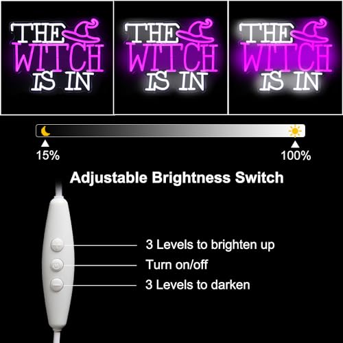 Image of The Witch Is In Neon Sign Gothic LED Lamp for Wall Halloween Party Decor | Dimmable Witch Hat Neon Light, Purple White Letter Neon Wall Sign, Acrylic Halloween LED Sign, Haunted Mansion House Decor