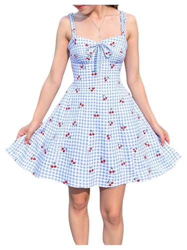 Girl's Plaid Cherry Cami Dress Gingham Bowknot Sweetheart Neck Flowy A Line Short Dresses