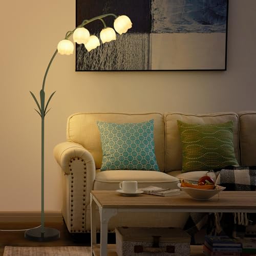 Image of HMVPL Arc Floor Lamp for Living Room, Flower Floor Lamp with 5 G9 LED Bulbs, Foot Switch, Green Floral Standing Lamp with Acrylic Shade, Curved Tall Lamp for Living Room Bedroom Corner Kids Reading
