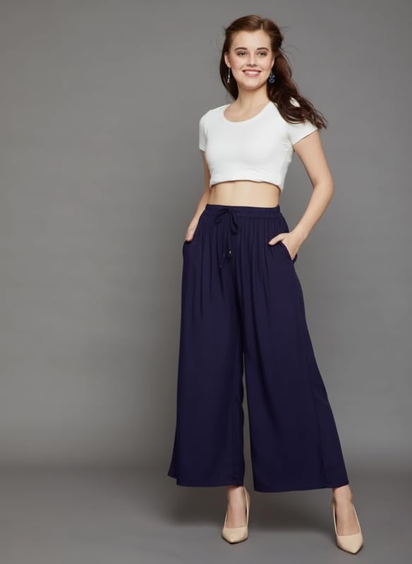 Image of Super Soft Viscose Rayon Flared Palazzo Pants for Women Stylish Wide Leg Straight Relaxed Fit Casual Ethnic Office Wear