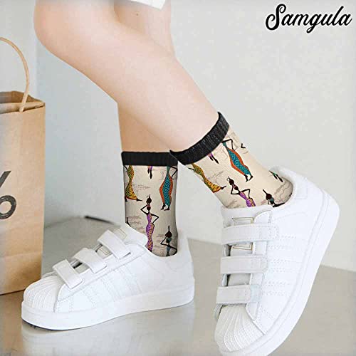 Image of Red Striped Crew Socks for Woman Size 6-8 Christmas Tree Moose Snowflake Dots Lines Girls Socks