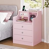 ADORNEVE Nightstand with Charging Station,Pink Night Stand with Hutch,Bedside Table with Drawers,Bed Side Table with Storage