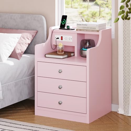 ADORNEVE Nightstand with Charging Station,Pink Night Stand with Hutch,Bedside Table with Drawers,Bed Side Table with Storage