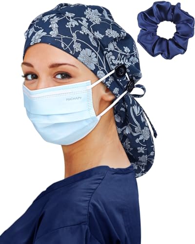 Image of Satin Lined Scrub Cap for Women Extra Large Long Hair Surgical Nurse Cap 4 Buttons