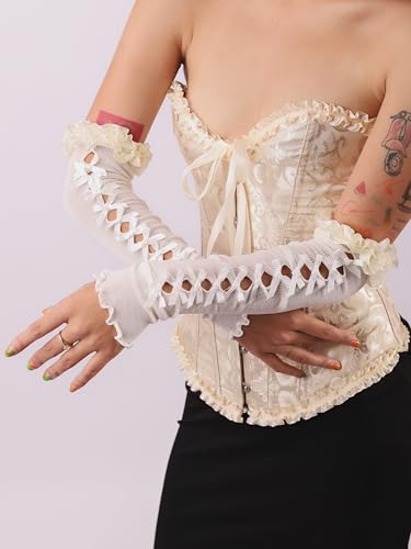 Sacina Long Bow Gloves, White Arm Warmers, Lolita Gothic Y2k Accessories, Vintage Costume Accessories4
