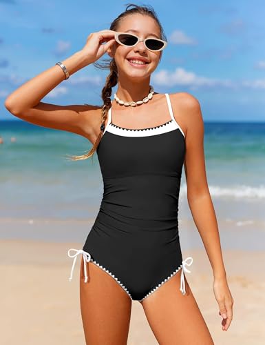 Image of BAVADER Girls Swimsuit One Piece Modest Girls Bathing Suit Solid Square Neck Ruched Adjustable Straps Padded Swimwear 9-16y