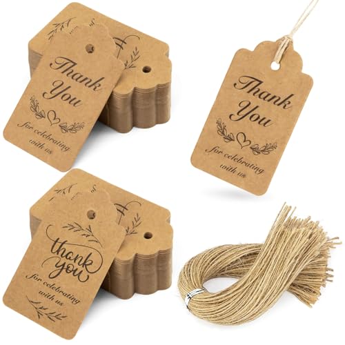 SallyFashion 100 PCS Thank You Tags Kraft Paper Gift Tags with Hanging Strings for Wedding Bridal Shower