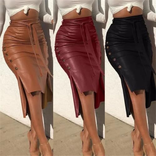 Women's Autumn Winter Mid-Length PU Leather Pencil Skirt High Waist Slim Silhouette Euro American Style Bodycon Skirt2