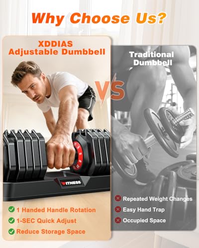 Image of XDDIAS Adjustable Dumbbells Set of 2 for Strength Training, One-Hand Quick Adjust, 25 /55 /80 /90 lbs Options, Anti-Slip Grip Handle, Compact Home Gym Weights for Men Women