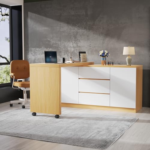 Soweiz Sideboard Schreibtisch mit feststellbaren Rollen – 4 cm dickere, drehbare Tischplatte, fest arretierbar, weiß/Eiche, Faltbarer Schreibtisch, Eckschreibtisch