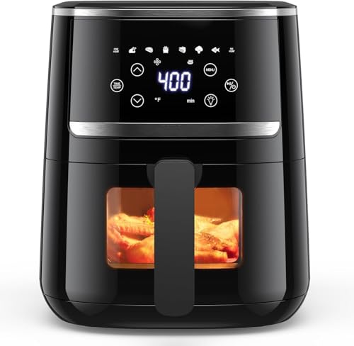 GustoWave Air Fryer, 5-Quart Digital Air Fryer with Touchscreen, 8-in-1 Functions for Fry, Roast, Dehydrate, Bake Crispy & Juicy Meals, Compact Airfryer with Large Easy-View Window, Black