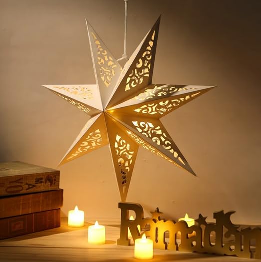 Confezione da 3 lanterne di carta a forma di stella, fuochi d'artificio, luci a forma di stella, decorazione da appendere per interni ed esterni, per matrimoni, feste di Natale (bianco, 75 cm)
