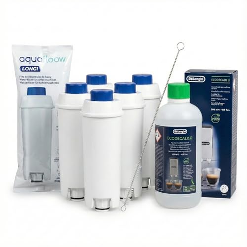 Aquafloow 5x Filtre à eau compatible avec DeLonghi DLSC002 & Détartrant EcoDecalk (500ml) – Kit d'entretien pour machine à café Magnifica S, Evo, Dinamica – Avec...