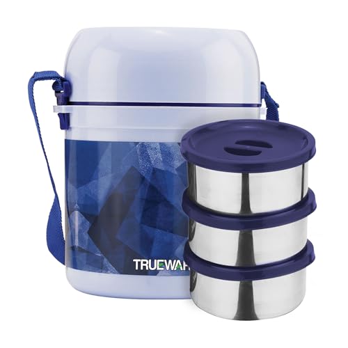 Image of Trueware Office 3 Lunch Box with 3 Stainless Steel Container,300ml X 3 Dark Blue | PU Insulated | Tiffin | Hot Lunch Box | Leak Proof | Easy to Carry | Food Grade | BPA Free | Office | for Men