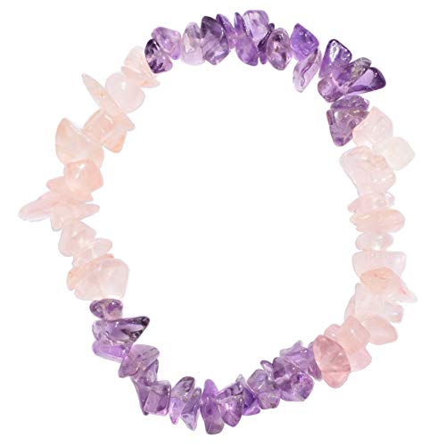 Selenite Charged Natural Amethyst & Rose Quartz Combo Crystal Bracelets + Baby Selenite Pockey Puffy Heart Charger Included (Amethyst & Rose Quartz)