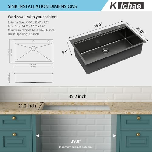 Image of Kichae 36 Black Kitchen Sink Drop In - 36x22 Drop Sink Gunmetal Black Stainless Steel 16G Single Bowl Kitchen Sinks Workstation Handmade Topmount Basin