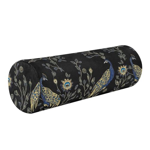 miaozhen Elegant Peacocks Floral Motifs Black Lumbar Support Pillow Sleep Neck Roll Pillows for Pain Relief almohada para rodillas 5.5''x17''
