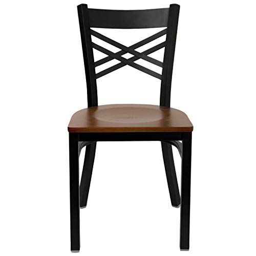 Image of Flash Furniture HERCULES Series Black ''X'' Back Metal Restaurant Chair - Cherry Wood Seat