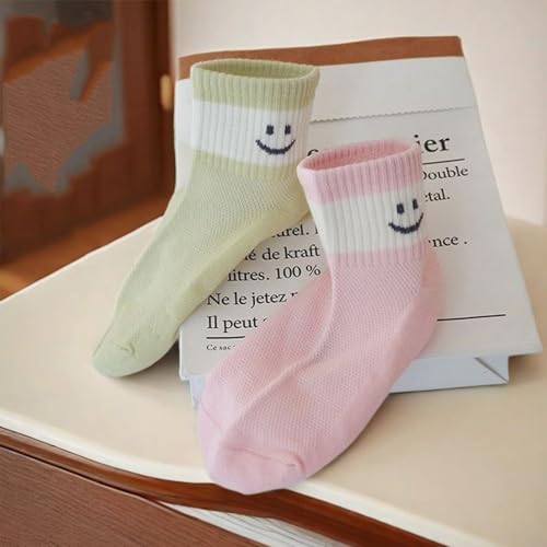 Baby Toddler Mesh Socks with Smiley Faces，Boys Girls White Breathable Summer Kids Ankle Socks,5 Pack3