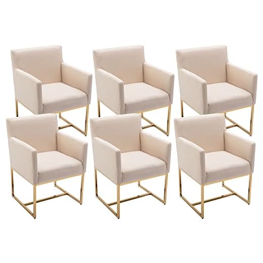 VESCASA Linen Upholstered Dining Chairs with Arms Set of 6, Mid Century Modern Padded Kitchen Chairs with Gold Metal Frame for Restaurant, Dining Room, Cream