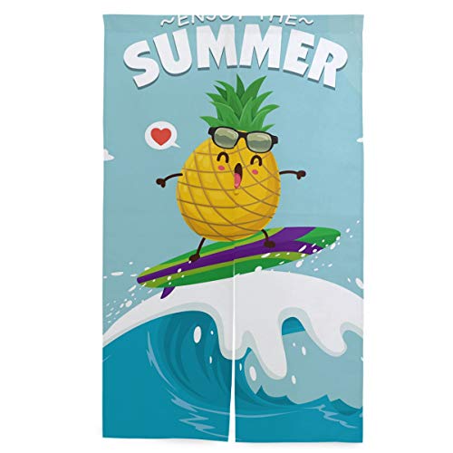 KaariDream のれん 遮光 目隠し おしゃれ 暖簾 ロング 綿 カーテン 間仕切り 遮熱 パイナップル 果物 青 ブルー かわいい 玄関 飲食店 インテリア 出入り口 レストラン 家庭用 業務用 突っ張り棒付き 86x143cm