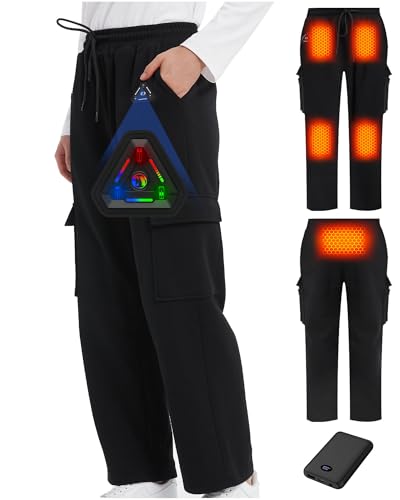 Men Heated Pants, 4 IN1 Control Switch Cargo Baggy Heating Sweatpants for Mens, Upgraded 7.4V 10000mAh Battery Pack