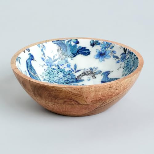 Image of SAAGA Printed Mango Wood Mixing Bowl | 8 x 2.5 Inch Large Wooden Serving Bowl for Salads, Fruits, Snacks, Curries & Desserts | Handcrafted Kitchen & Dining Bowl | White & Mazarine Blue