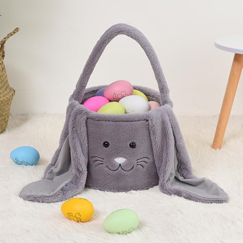 Image of Plush Easter Bunny Basket Bags for Kids, Rabbit Bucket Tote with Long Fluffy Ears, Cute Egg Hunts Party Storage Candy Gifts Carry Bucket Decorations (Gray)