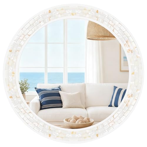 DUQIMO Large Round Mirror 36 Inch, Natural Mother of Pearl Inlay Mosaic Frame Circle Mirrors with Tempered Glass for Bathroom, Bedroom or Entryway Decoration