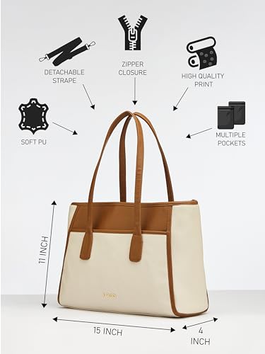 Image of Fargo Urbane Ivory Tote Bag for Women | Large Vegan Leather Handbag with 16-Inch Laptop Compartment, RFID Pockets, Zip Closure | Stylish Office, Travel Tote | Made in India