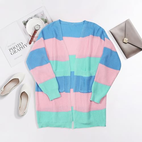 Image of ECOWISH Women Cardigan Sweaters Long Kimono Striped Long Sleeve Open Front Color Block Cozy Knitted Coat Outwear Winter Fall