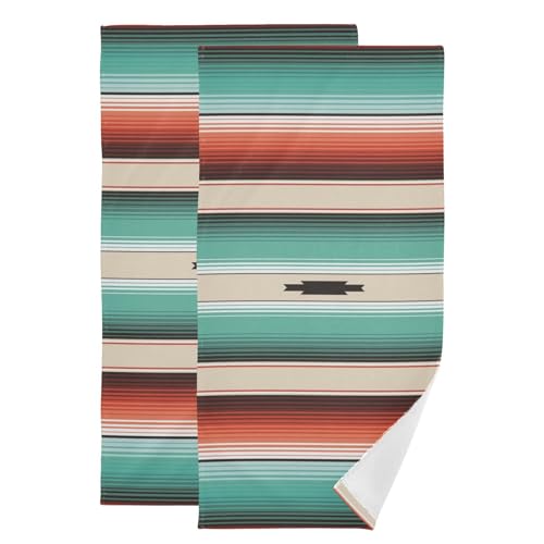 COVASA Mexican Turquoise Stripes Hand Towels for Bathroom Set of 2,Soft Absorbent Navajo Boho Ethnic Serape Threads Kitchen Dish Towels,Decorative Guest Bathroom Towels for Face,Gym,Shower 14