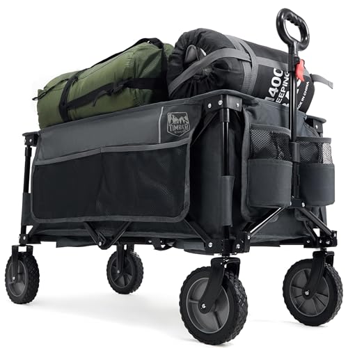 TIMBER RIDGE Festival Trolley on Wheels with Adjustable Handle, 200L Folding Wagon Trolley for Camping Outdoor Picnic Shopping Garden Beach, Heavy Duty Foldable Cart Large Capacity, Grey