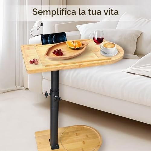 Tavolino Laterale Forma C Bambù Metallo Moderno Altezza Regolabile, Side Table, Tavolino Letto, Tavolino Divano, Tavolino Comodino, Tavolino Cura, per Soggiorno Camera da Letto Bagno