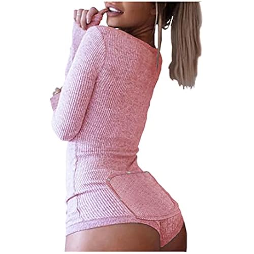 Roselux Women's Sexy Deep V Neck Shorts Long Sleeve Knitted One Piece Bodysuit Sexy Pajama Onesie Bodycon Rompers Overall