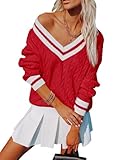 Aoudery Suéteres de Gran tamaño con Cuello en V para Mujer, de Punto Trenzado, a Rayas, suéter Grueso Casual para Tenis, Rojo -, L