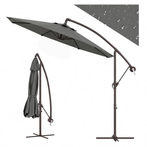 GarveeLife 3M Rotatable Cantilever Parasol Offset Banana Patio Umbrella UPF50+ Waterproof Fade Resistant 180PA Canopy Crank & Tilt with Protective Cover Brown Metal Frame for Patio Grey