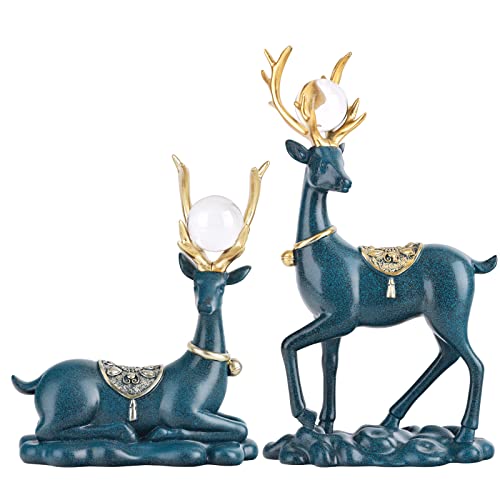 Xiyouqi Set Of 2 Christmas Reindeer Statues With Glass Ball, Resin Lucky Deer Sculpture, Couple Deer Figurine, Modern Elk Ornaments, Suitable For Home, Office, Tabletop, Christmas Decoration (Blue) #TOP21