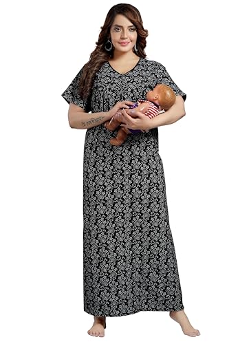 Image of Onekbhalo Women's- Full Sleeves-Feeding- Nursing- Maternity Nighty /Maxi /Gown /Nightdress /Nightwear- Hosiery Cotton Fabric- Floral Print- Embroidery with Zip